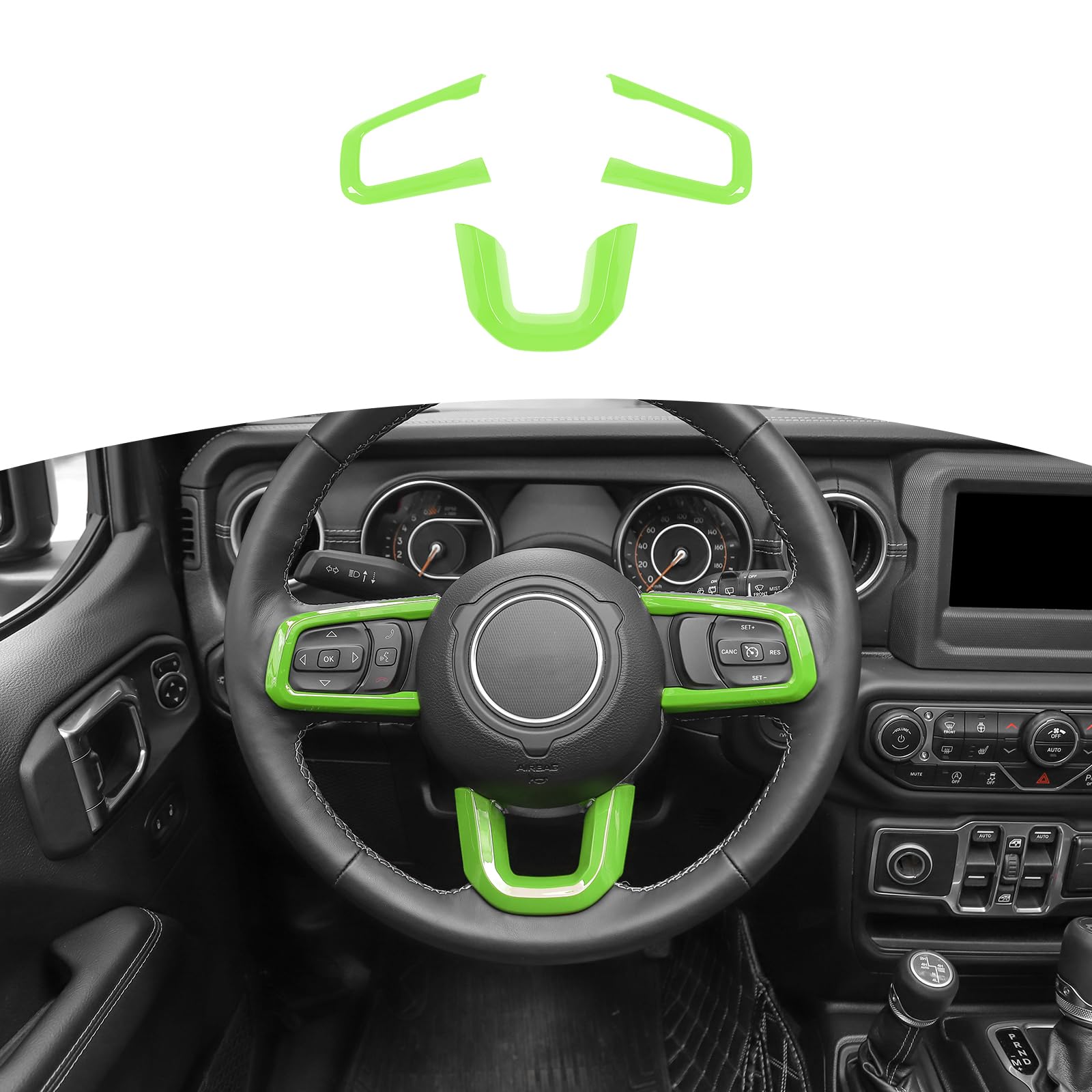 RT-TCZ Steering Wheel Trim Decal Panel - Green Interior Accessories for Jeep Wrangler JL/JLU & Gladiator JT (2018-2024) - 3-Piece Set - Upgrade Your Jeep's Interior Style for Off-Road Adventures & Daily Driving