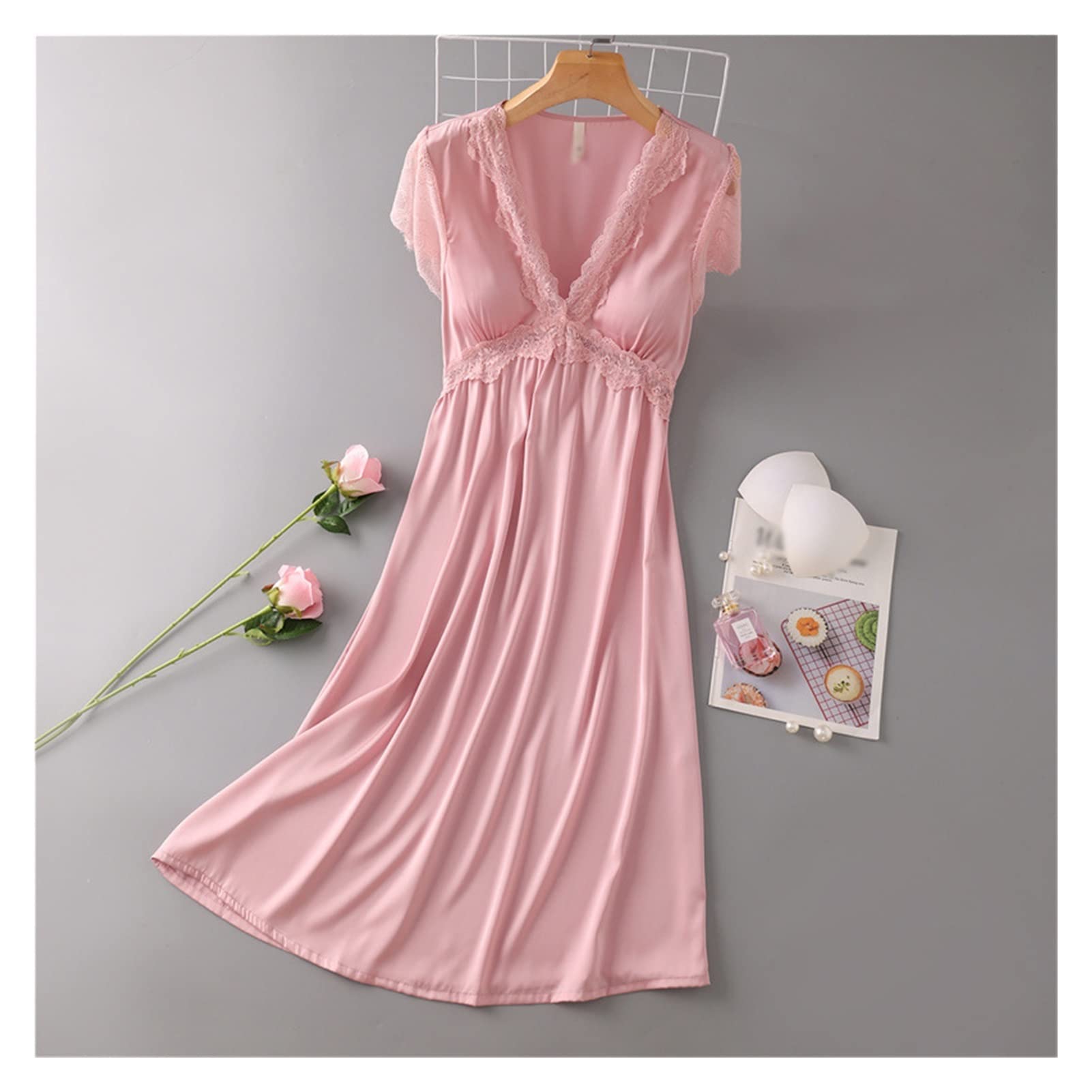 KLHHG Women's Summer Satin Pajama Set - Lace Trim Long Nightgown, Loose Fit Sleepwear & Home Dress (Pink, XXL) - Perfect for Relaxing at Home, Vacation Getaways & Bridal Loungewear