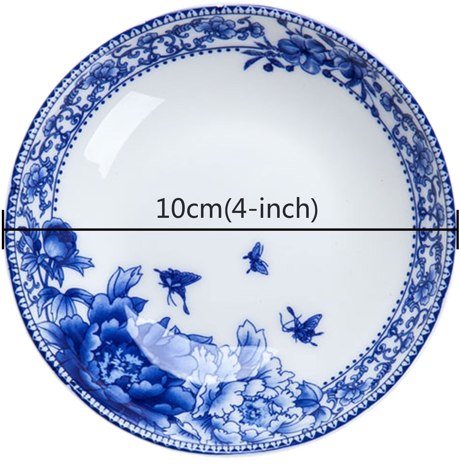 4-Pack 4-Inch Small Round Plates - Premium Bone China Soy Sauce & Dessert Dishes - Blue Floral Design - Elegant Tea & Coffee Cup Saucers - Perfect for Asian Cuisine, Dessert Serving, and Afternoon Tea Parties