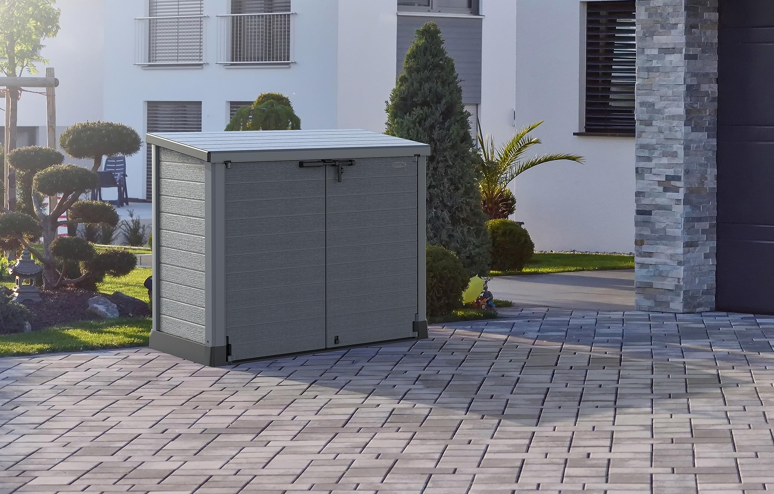 Duramax Cedargrain 1200L Plastic Outdoor Storage Shed with Flat Lid – Heavy-Duty Garden Shed for Bikes, Tools, BBQs & 2X 240L Bins – Weather-Resistant Grey Storage Unit (145x85x125 cm) – Perfect for Backyard, Patio & Garage Organization