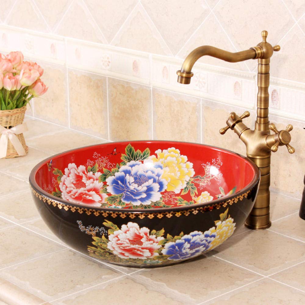Temkin Ceramic Countertop Basin - Handmade Painted Peony Design, Above Counter Bathroom Sink for Vanity, Farmhouse & Modern Decor (Perfect for Guest Bathrooms & Powder Rooms)