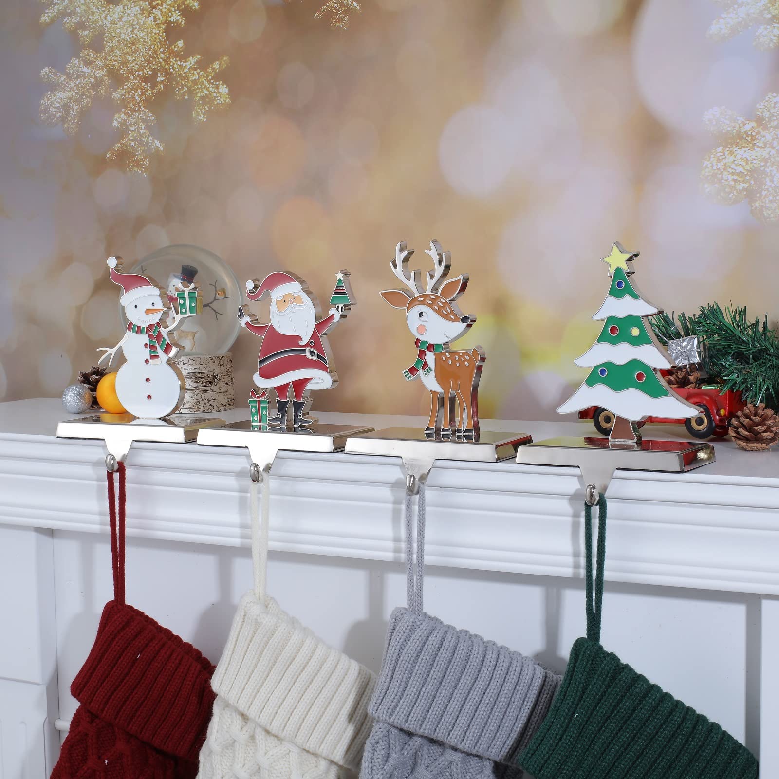 Premium Metal Christmas Stocking Holders - Set of 4 Silver Stocking Hangers for Fireplace Mantel Decor | Holiday Home Decoration & Gift Hanging