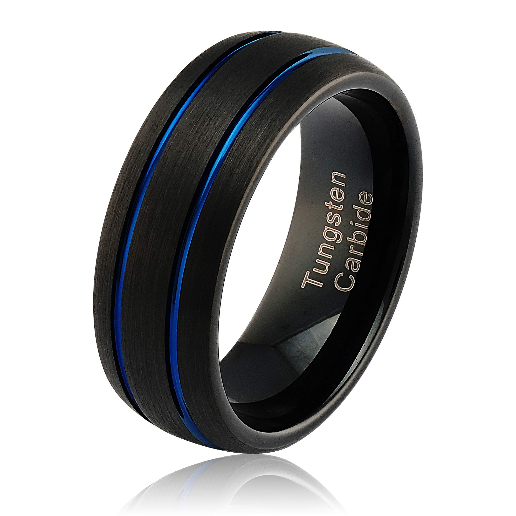 Custom Engraved Black Tungsten Wedding Band with Blue Thin Line - Men's Sizes 6-16 - Durable & Scratch Resistant Ring for Anniversary, Engagement & Everyday Wear