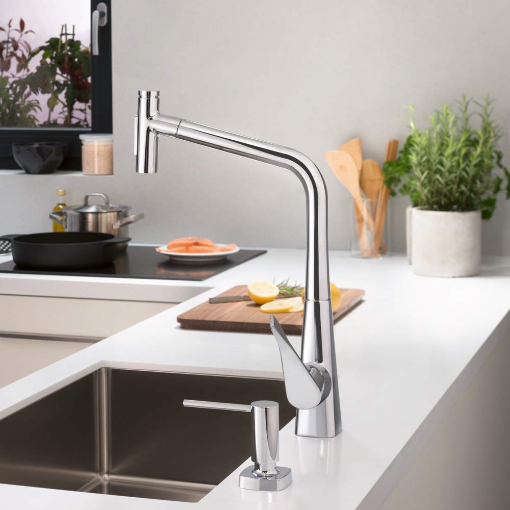 Hansgrohe Metris Select Chrome Bar Kitchen Faucet with Pull-Out Sprayer - Modern Chrome Finish (Model 73817001) - Perfect for Farmhouse, RV & Apartment Kitchen Sinks