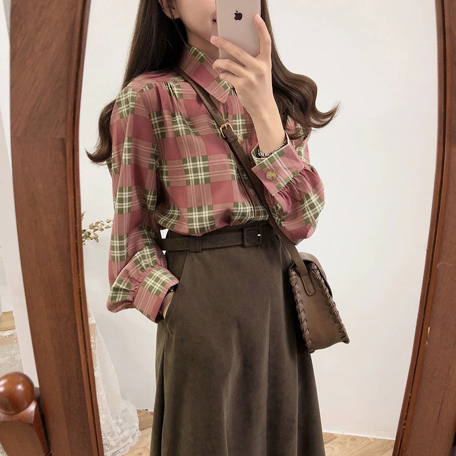 Elegant A-Line Pleated Knee-Length Suede Skirt with Vintage Plaid Long Sleeve - Perfect for Fall Fashion, Office Wear & Casual Outfits