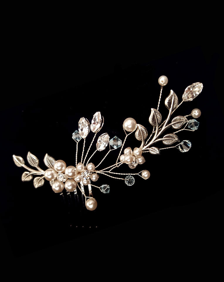 Elegant Bridal Headpiece with Pearl & Vintage Leaf Vine Side Piece - Baby Laila by Kezani | Perfect for Weddings, Bridal Showers & Boho Bridal Looks