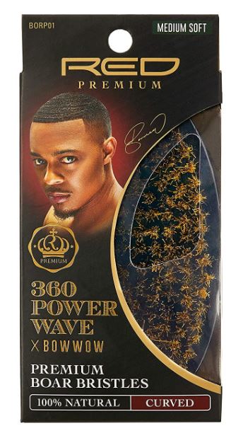 360 POWER WAVE X BOW WOW Curved Palm Boar Bristle Brush - Medium Soft for Smooth Detangling & Styling - Perfect for Curly, Wavy & Thick Hair Types at Home or Salon