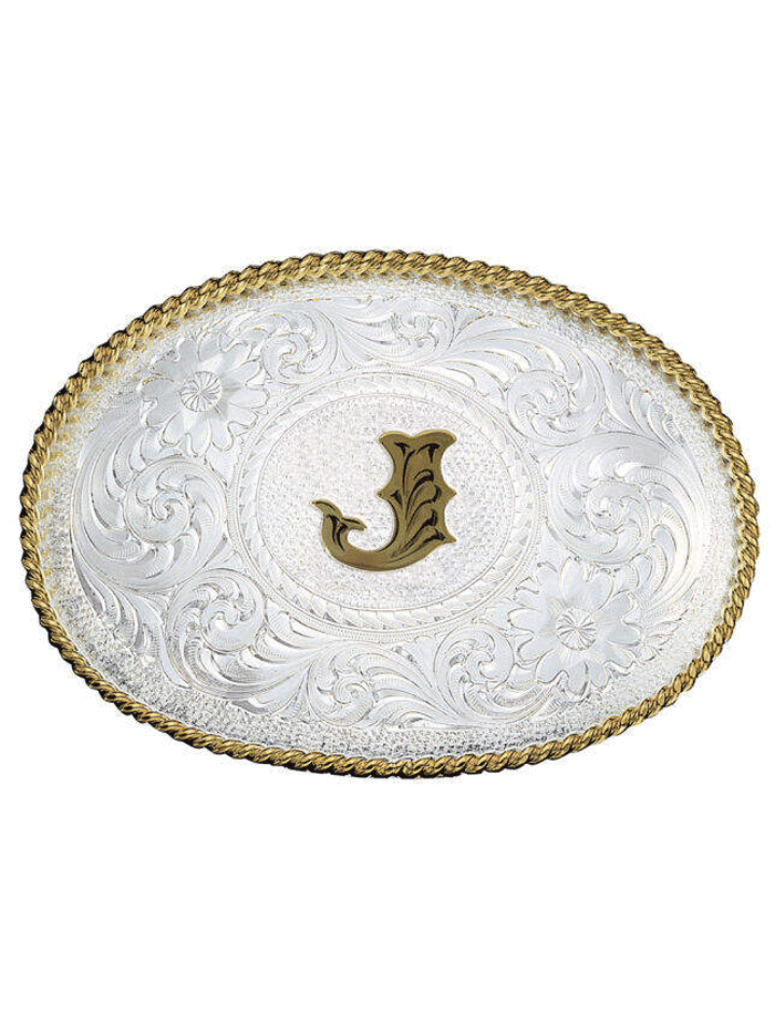 Montana Silversmiths 700 Initial Silver Engraved Gold Trim Western Belt Buckle for Men & Women - Perfect for Cowboy Boots, Jeans & Western Outfits