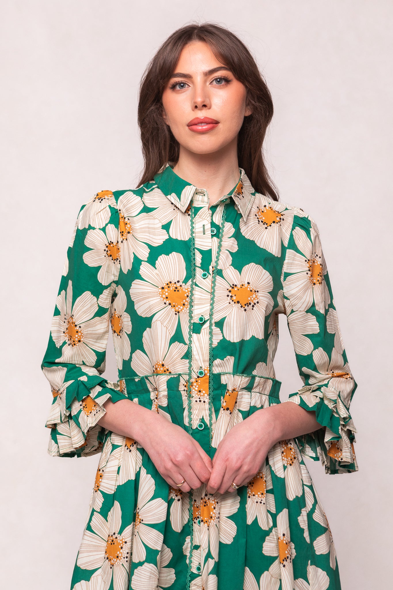 Elegant Green Bowie Dress with White Floral Print - Perfect for Spring Weddings & Garden Parties