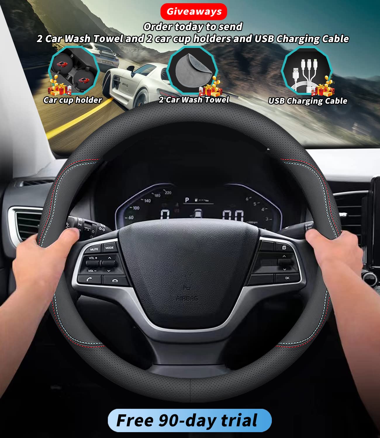 Premium Leather Tesla Steering Wheel Cover - Custom Fit, Non-Slip & Breathable with Logo - Perfect for Model 3/Y/S/X Accessories - Enhances Driving Comfort & Style