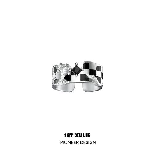 Checkerboard Sterling Silver Adjustable Opening Ring for Women - Elegant Stackable Jewelry for Everyday Wear, Gifts & Special Occasions