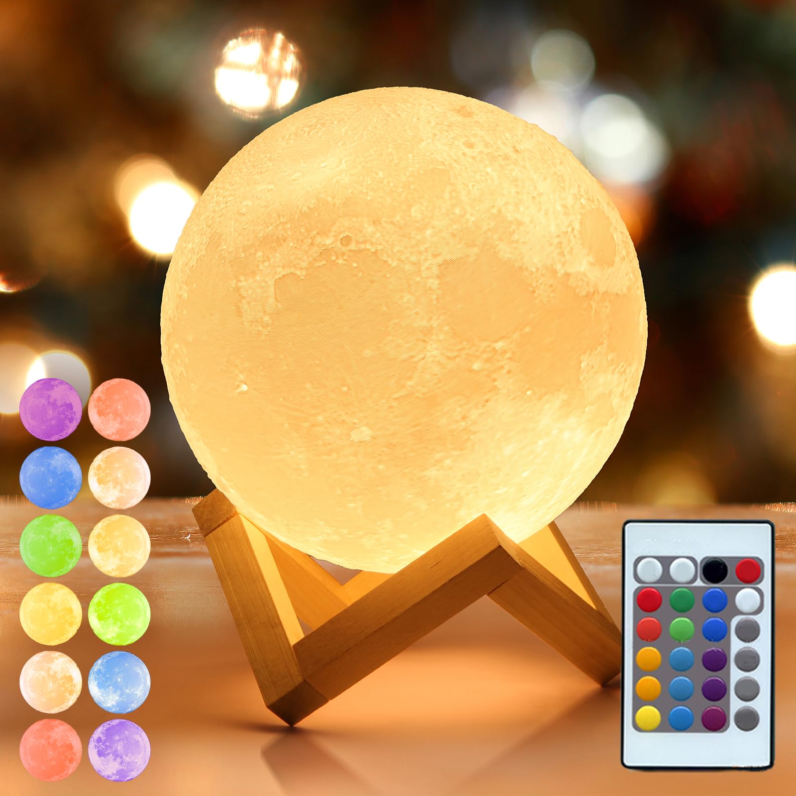 16 Colors 3D Moon Lamp with 148 Lighting Modes - Romantic LED Night Light with Remote & Wood Stand - Perfect Gift for Valentine's Day, Birthday & Home Decor (4.7 inches) - Ideal for Bedroom, Nursery, Kids Room & Romantic Ambiance