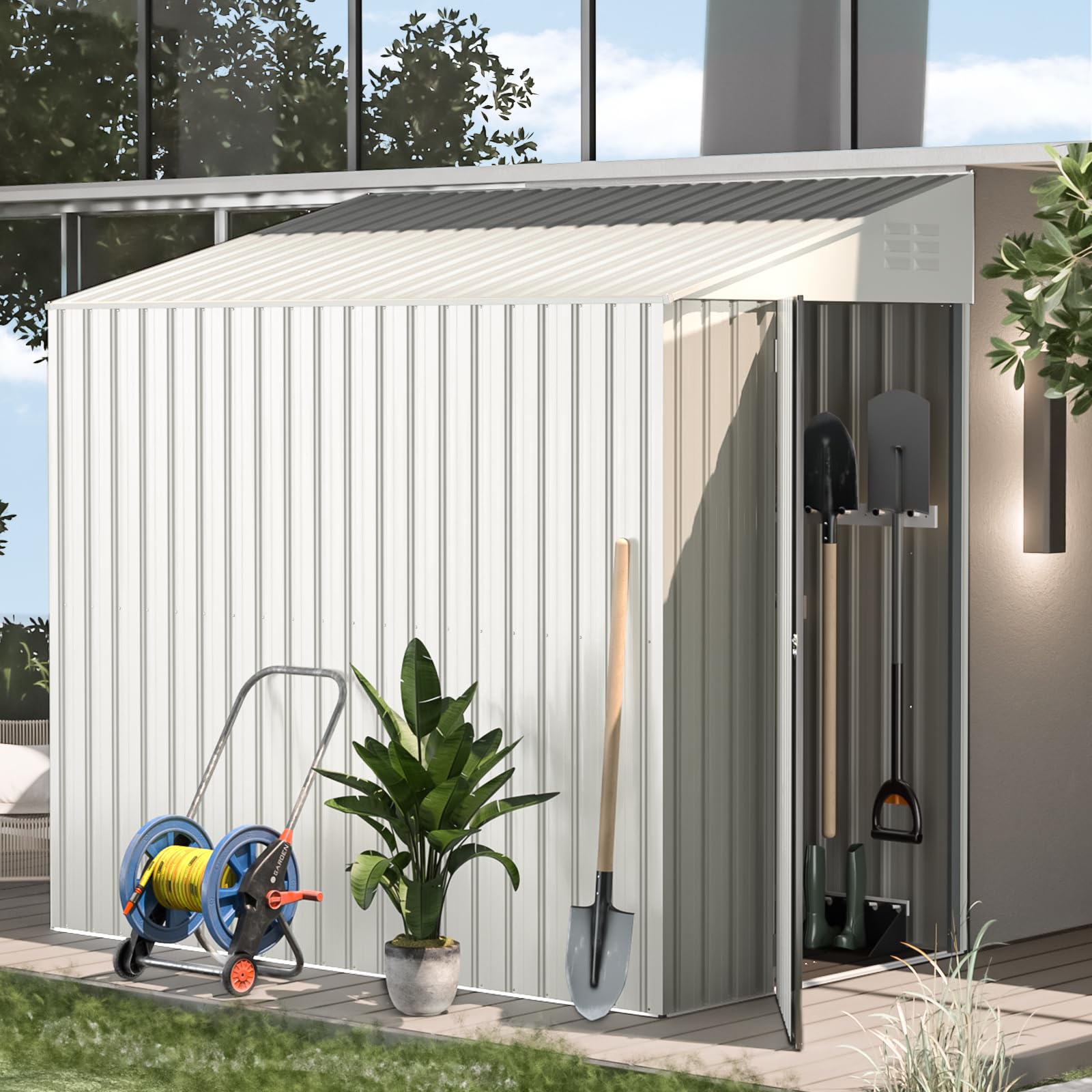 AECOJOY 4.2' x 7' Outdoor Lean-to Metal Storage Shed with Side Door - White | Weatherproof Garden Shed for Backyard, Patio & Outdoor Storage | Perfect for Storing Lawn Tools, Bikes & Seasonal Items