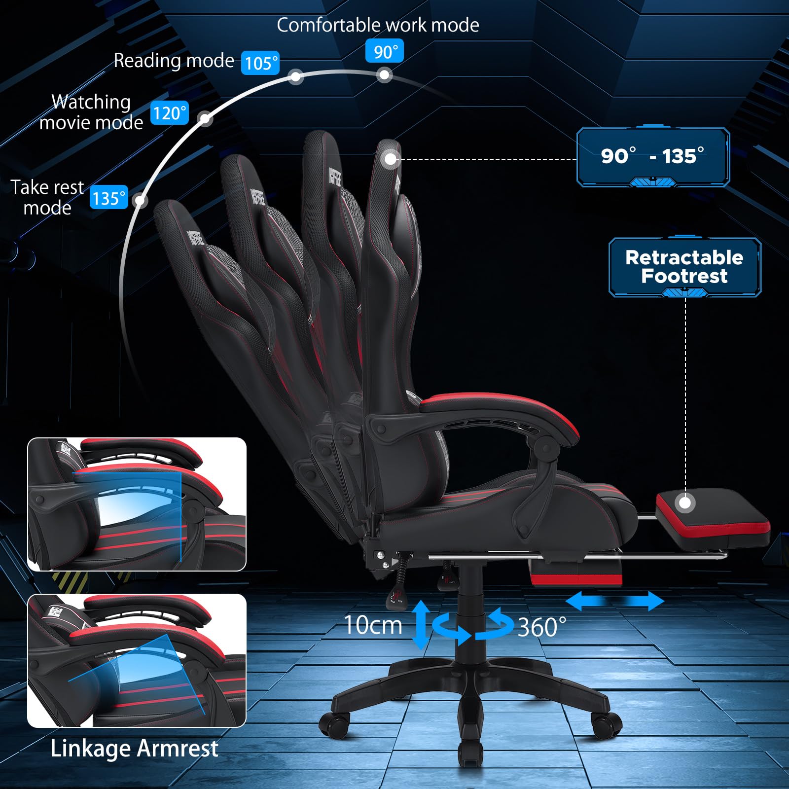 HOFFREE Ergonomic Gaming Chair with Adjustable Footrest & Lumbar Massage - Heavy Duty 400lb Capacity Big and Tall Computer Chair for Adults (Red/Black) - Perfect for PC Gaming, Office Work & Home Theater Relaxation