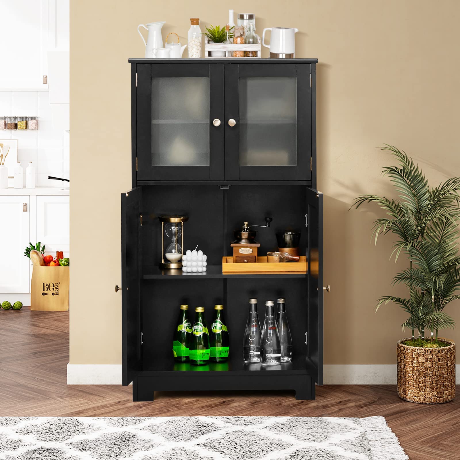 Tangkula Freestanding Bathroom Floor Cabinet with Glass Doors - Adjustable Shelf Wood Storage Cabinet for Bathroom, Kitchen, Hallway, Living Room & Office - Perfect for Organizing Towels, Toiletries & Home Decor (Black)