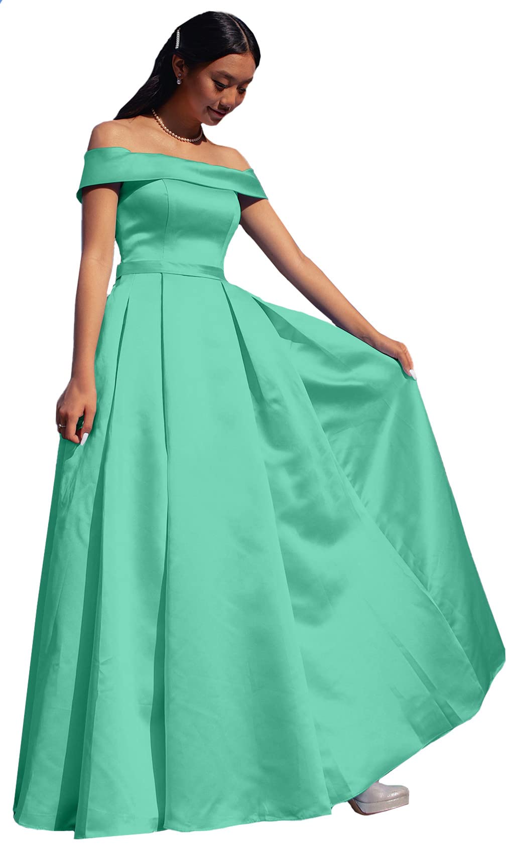 ANGELWARDROBE Women's Long Off-Shoulder Prom Dress - Satin A-Line Formal Evening Gown with Slit Pockets | Perfect for Homecoming, Wedding Guest & Black Tie Events