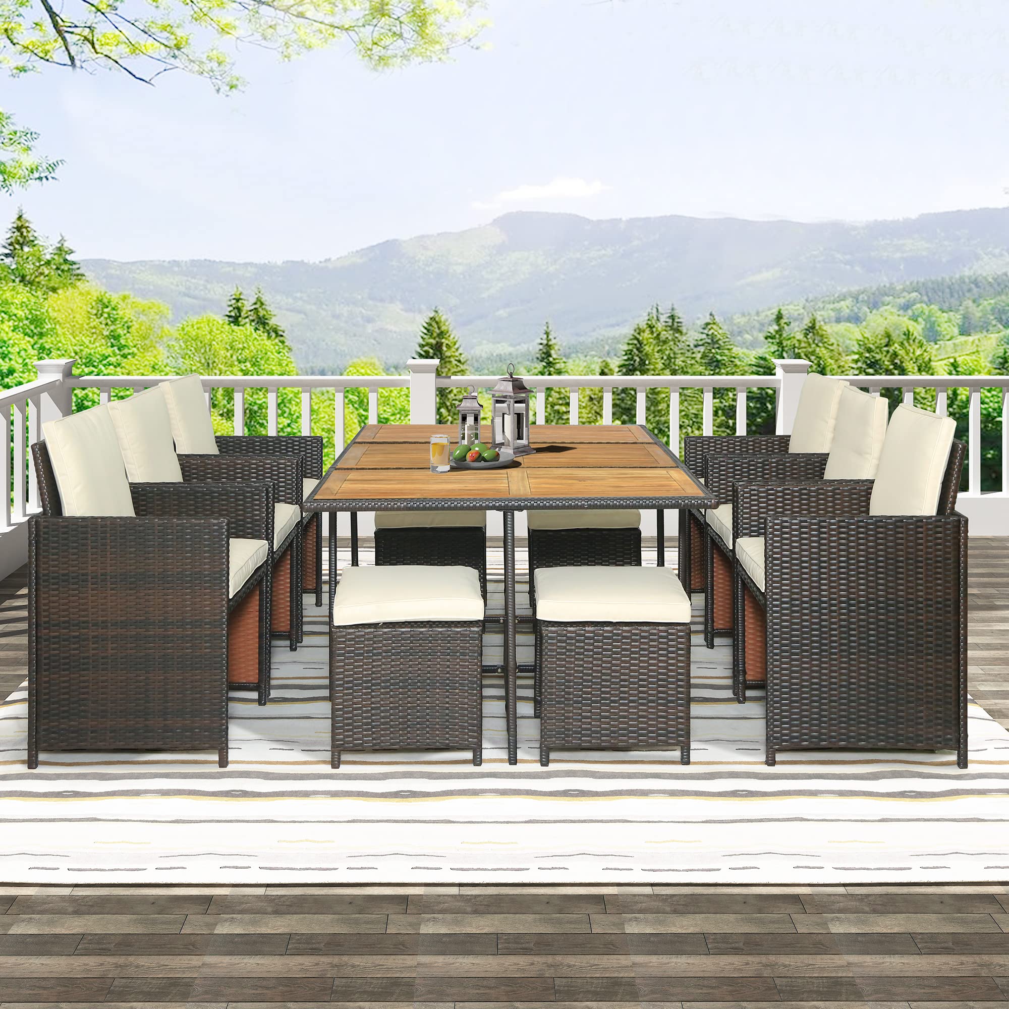 Premium 11-Piece Patio Dining Table Set - Outdoor Wicker Rattan Furniture with Cushions (Brown & Beige) - Perfect for Backyard BBQs, Poolside Gatherings & Garden Entertaining