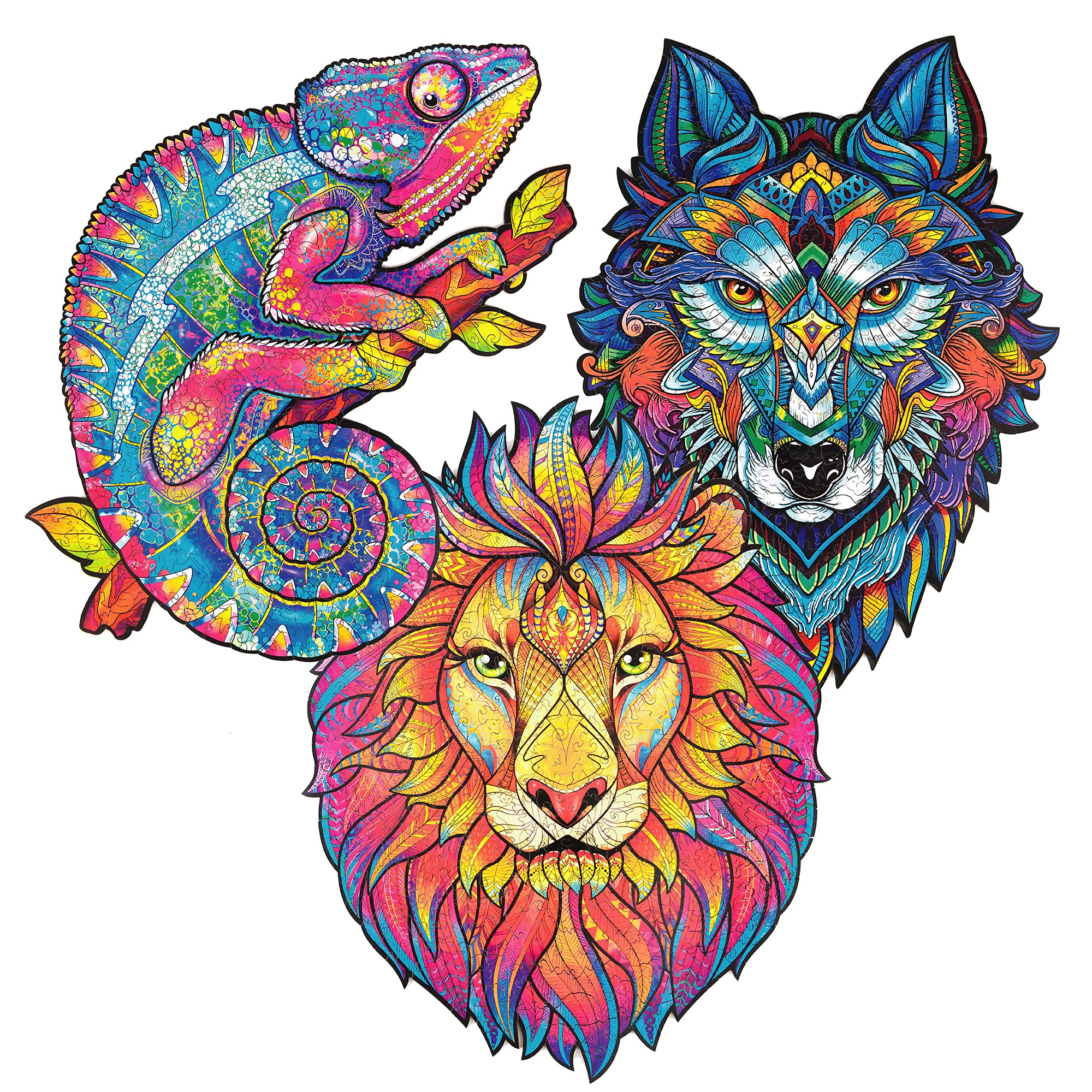 Unidragon Wooden Jigsaw Puzzle 3-in-1 Gift Set: Chameleon, Wolf & Lion - Colorful Animal Shaped Puzzles for Kids & Adults - Brain Teaser Game with Large Wooden Pieces - Perfect for Family Game Night, Stress Relief & Home Decor