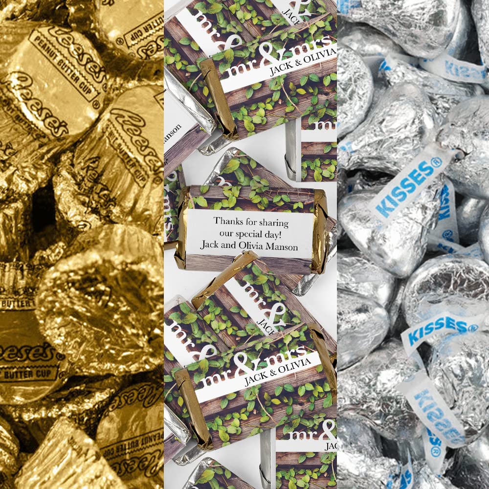 200pcs Personalized Wedding Candy Favor Kit - Custom Miniatures, Kisses & Peanut Butter Cups - Rustic Mr & Mrs Theme - Perfect for Wedding Guest Gifts, Candy Buffet & Bridal Shower Party Favors