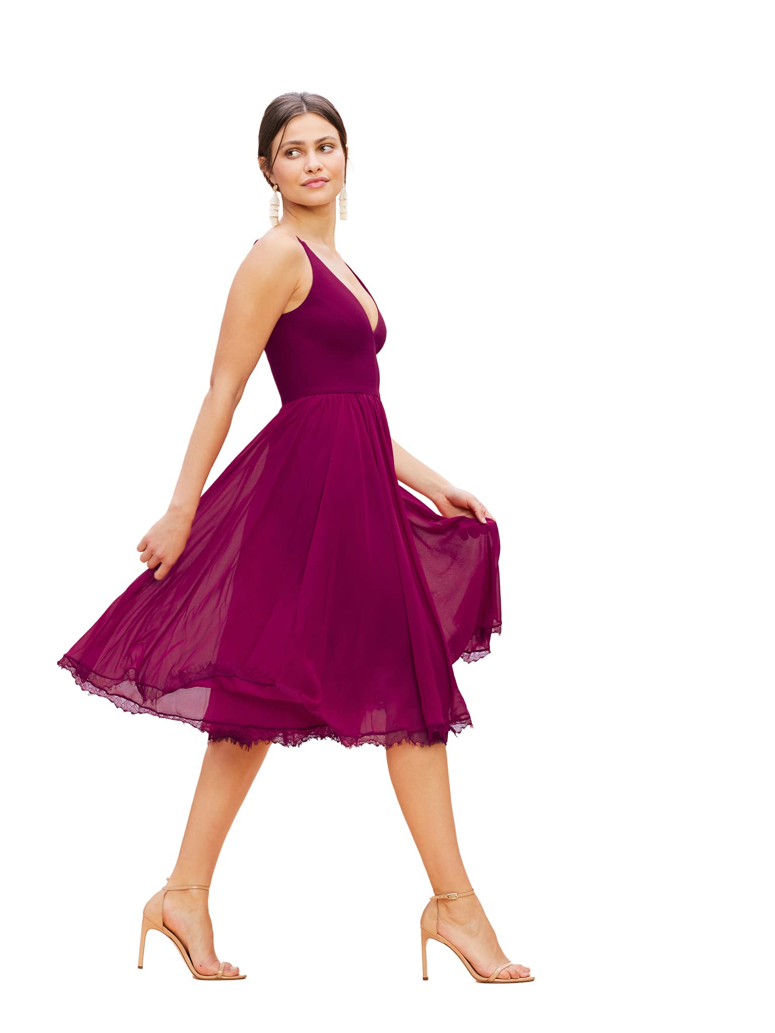 Dress the Population Women's Alicia Plunging V-Neck Mixed Media Sleeveless Fit & Flare Midi Dress for Cocktail Parties, Weddings & Special Occasions