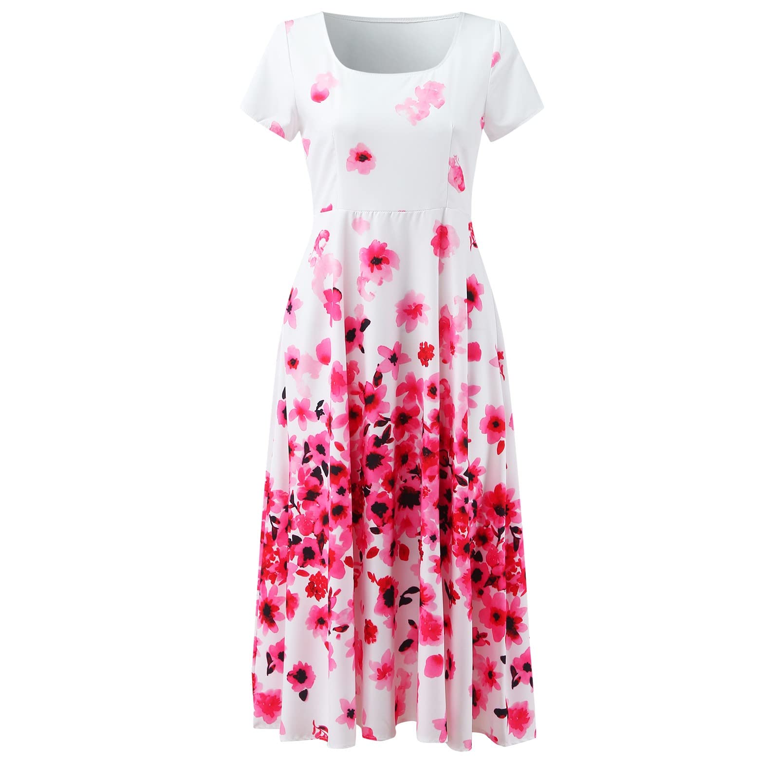 ALLZ Women's Summer Casual Short Sleeve Crewneck Boho Beach Dress with Floral Pattern - Perfect for Wedding Guest, Vacation, and Beach Outings