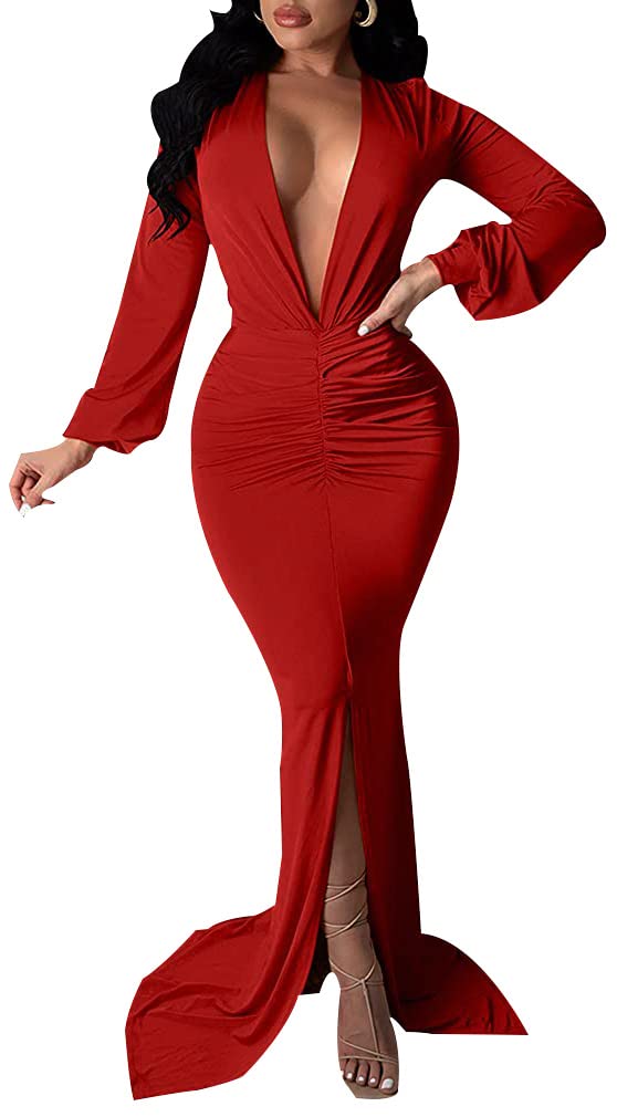 Elegant Sexy Deep V Neck Maxi Dress for Women - Bodycon Formal Cocktail Party Gown with Side Split | Perfect for Evening Events, Weddings, and Night Out