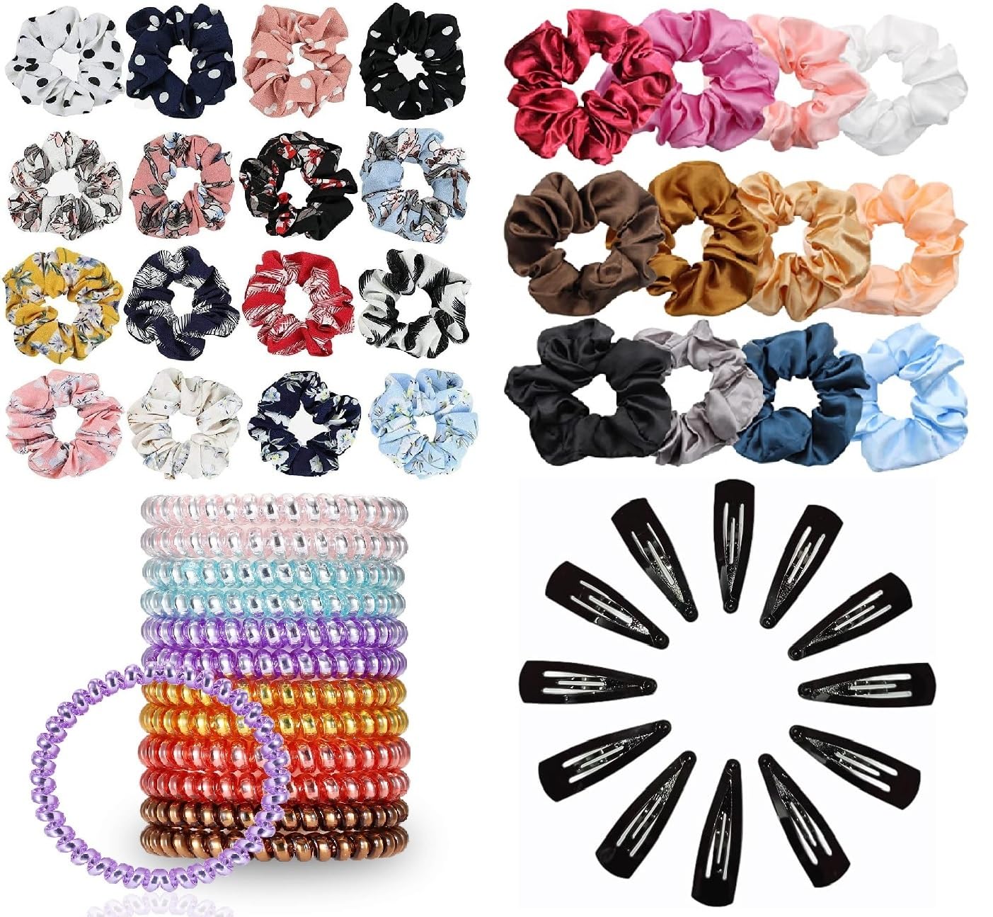 Snowpearl 15-Piece Stylish Hair Accessories Set - Satin Scrunchies, Printed Hair Ties, Spiral Bands & Free 12 Metal Hair Clips | Perfect for School, Work, Gym & Everyday Hairstyles