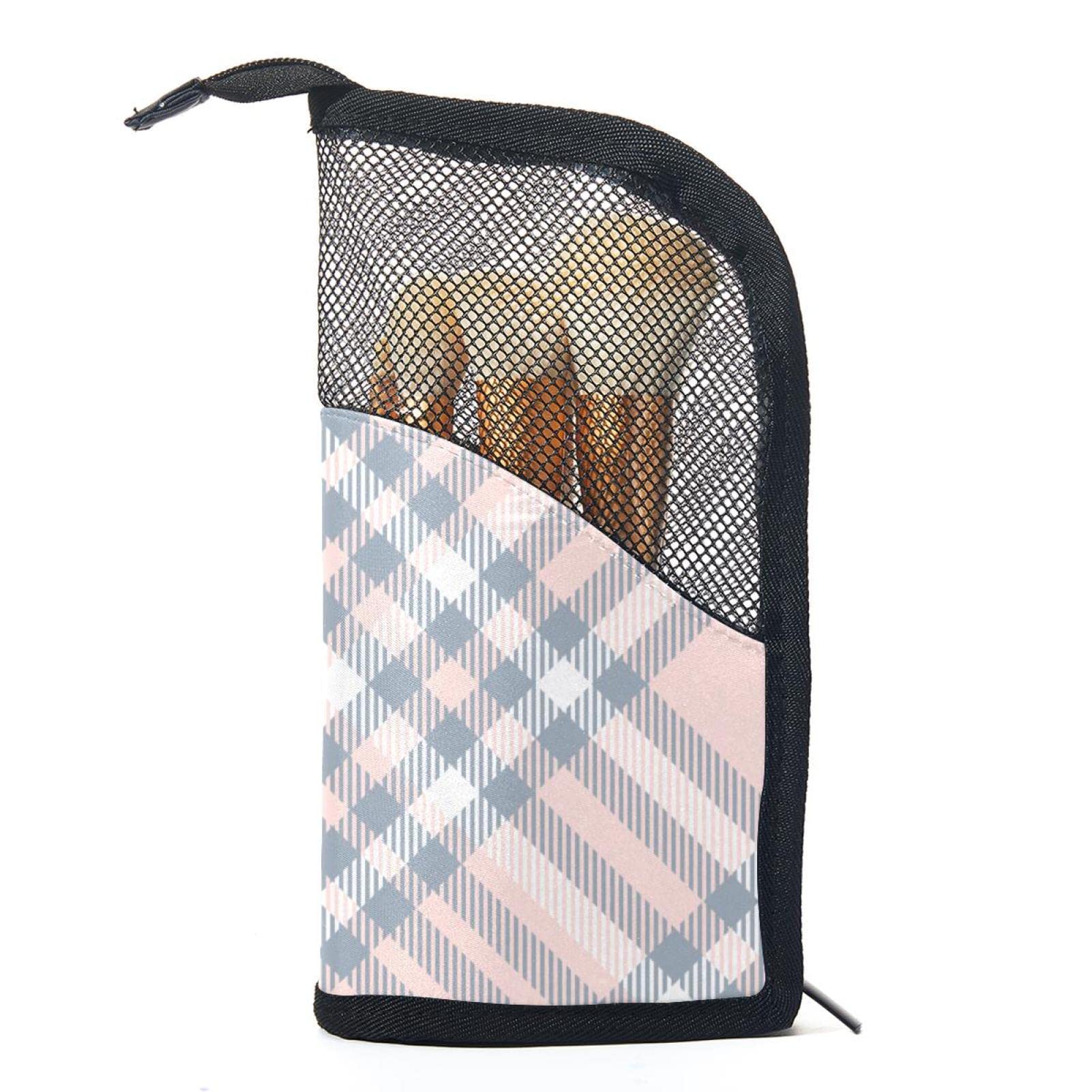 12-Piece Pink Plaid Makeup Brush Organizer Bag - Portable Travel Makeup Brush Holder Case for Professional & Home Use