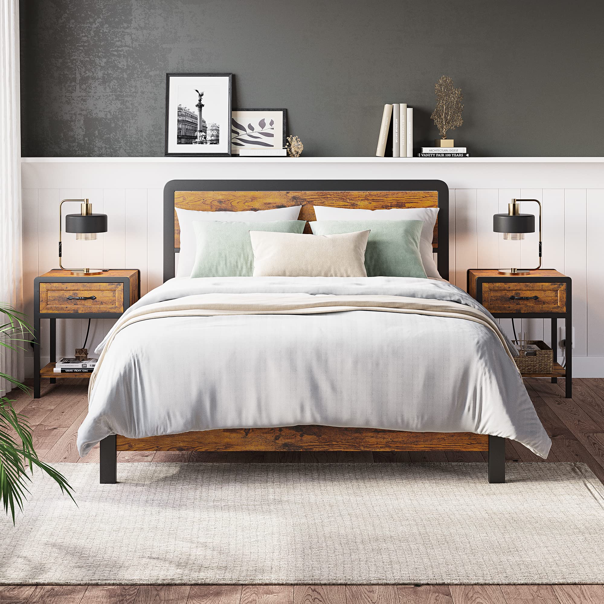 Queen Size Bed Frame with 2 Nightstands - Sturdy Platform Bed with Rounded Corners & Built-in USB Charging Stations - Complete Bedroom Furniture Set for Master Bedroom, Guest Room or Apartment