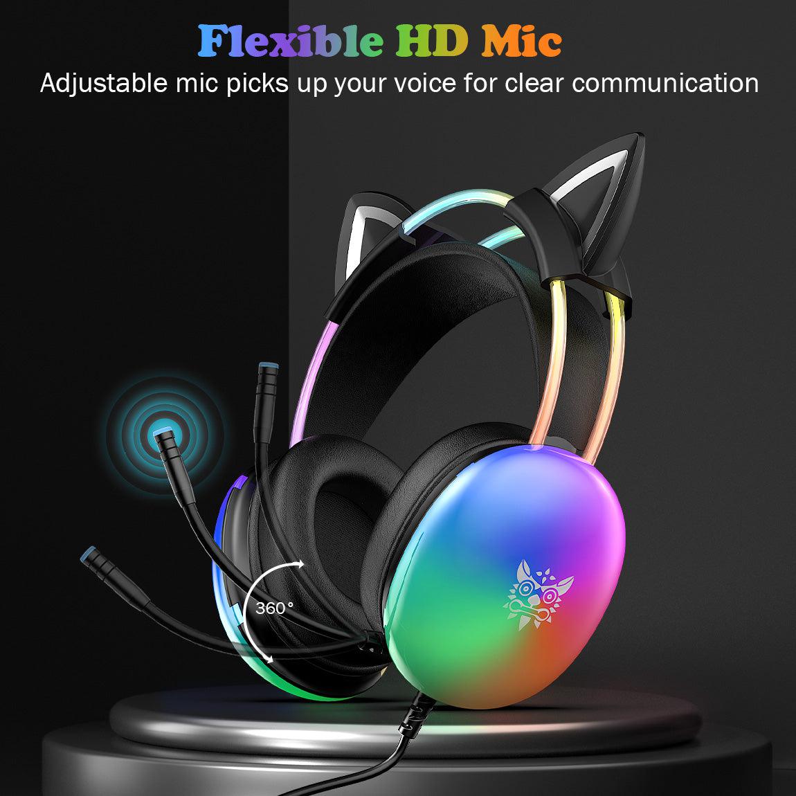 ONIKUMA X25 RGB Cat Ear Gaming Headset with Microphone - Wireless Over-Ear Headphones for PC, PS4, PS5, Switch - Cute LED Light Gaming Headphones for Girls, Streaming, Live Broadcasting
