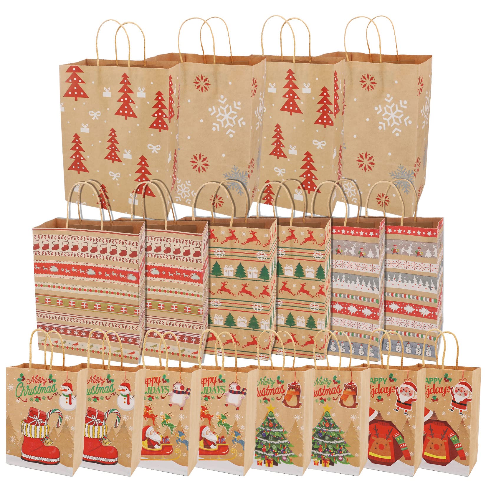 AMMAKER 18 Pack Christmas Themed Reusable Kraft Gift Bags - 9 Styles Assorted Sizes with Handles - Bulk Eco-Friendly Party Favor Bags for Holiday Parties, Gift Exchanges & Family Gatherings