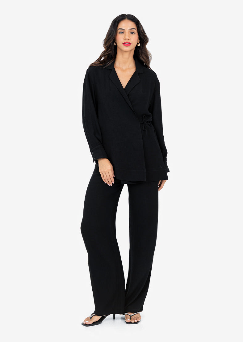 Stylish Plisse Side Tie Jacket in Black - Trendy Women's Fashion for Casual Outings & Evening Events