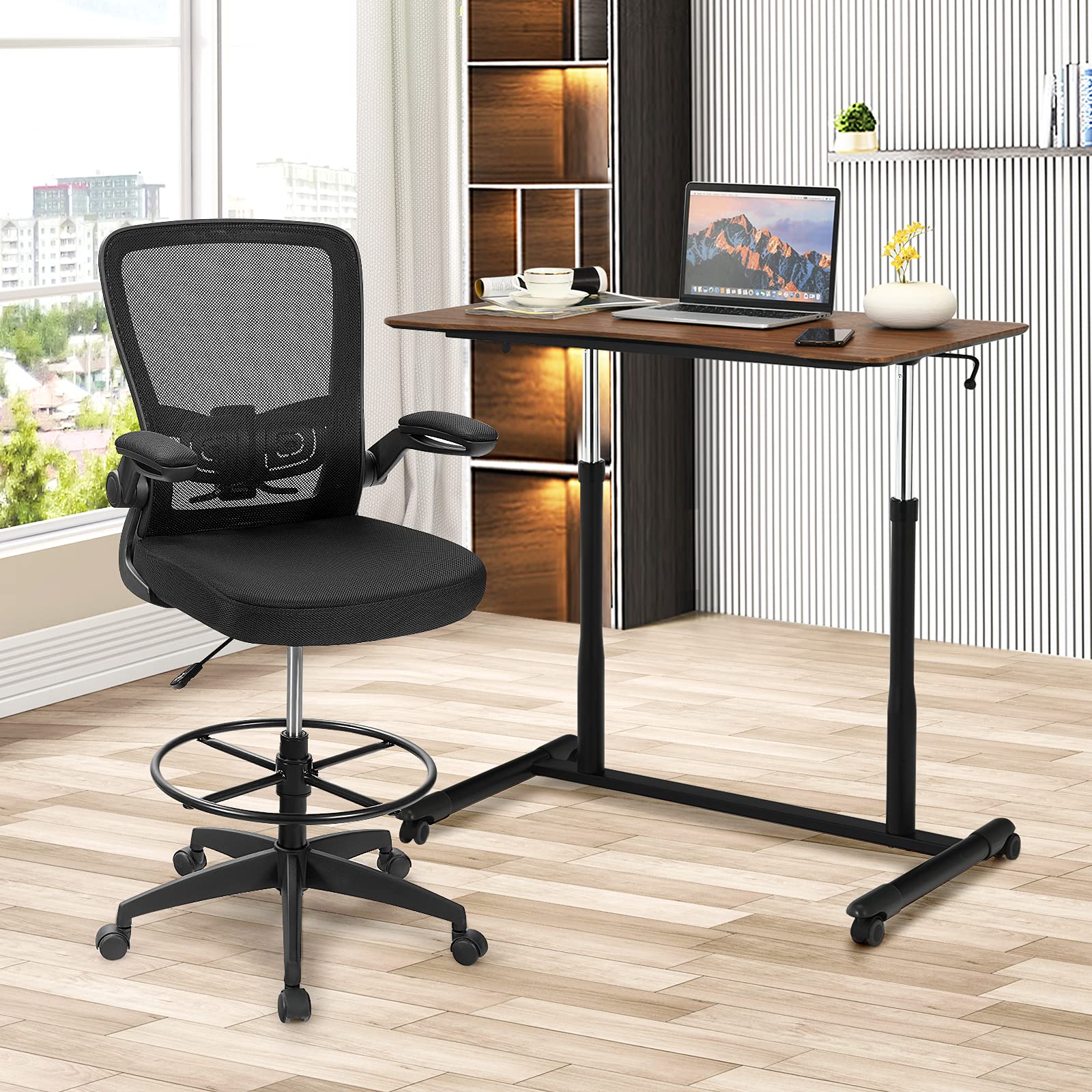 Tangkula Adjustable Height Mobile Standing Desk with Wheels - Rolling Compact Computer Desk for Home Office, Steel Frame & MDF PVC Tabletop (Brown) - Perfect for Small Spaces, Work from Home & Office Ergonomics