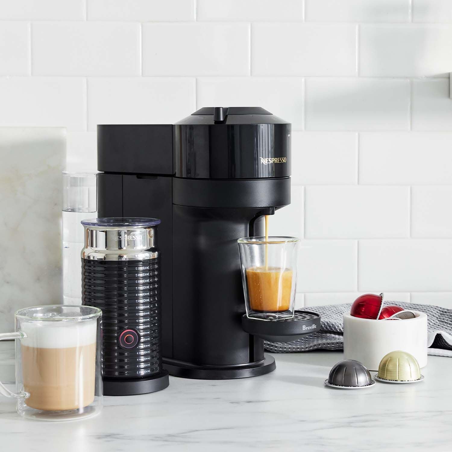 Nespresso Vertuo Next Coffee Machine by Breville with Aeroccino Milk Frother - Limited Edition Black Gloss - Perfect for Home & Office Espresso Lovers