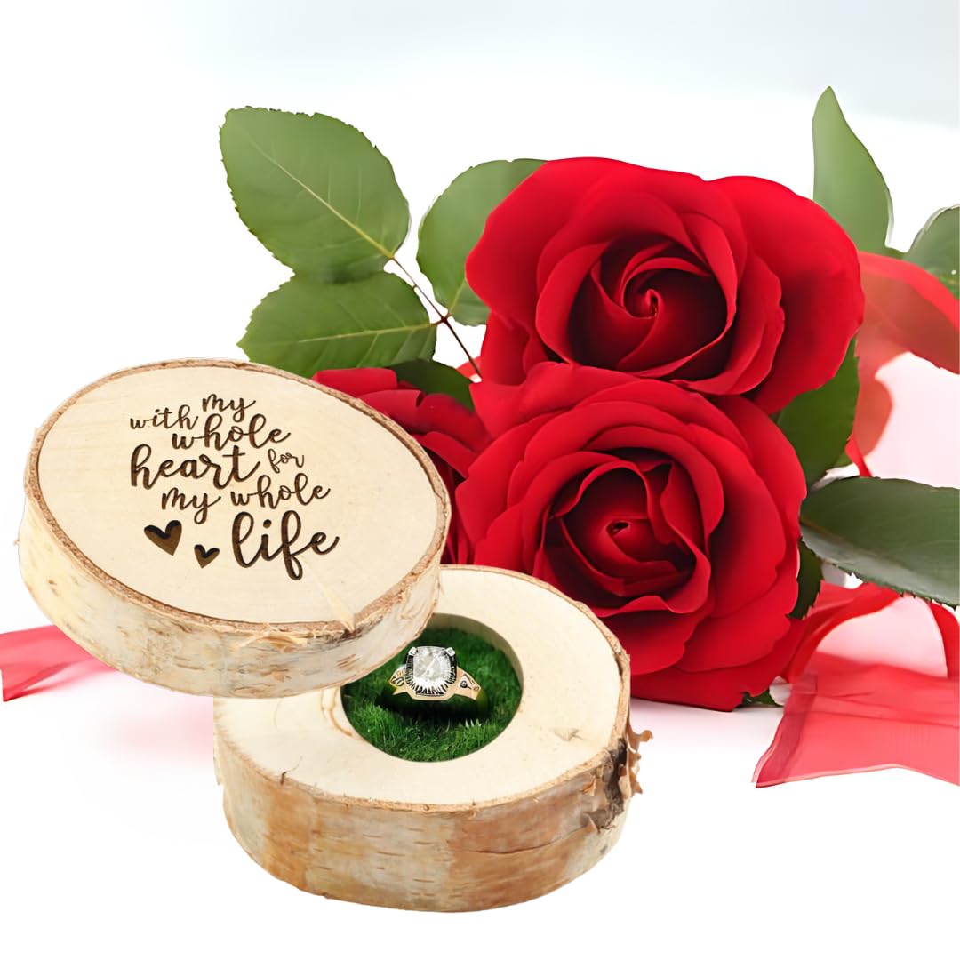 Koyal Wholesale Engraved Birch Wood Ring Box - Real Wood Engagement Ring Jewelry Box with 'With My Whole Heart for My Whole Life' Engraving - Perfect for Wedding Proposals, Anniversary Gifts & Romantic Surprises