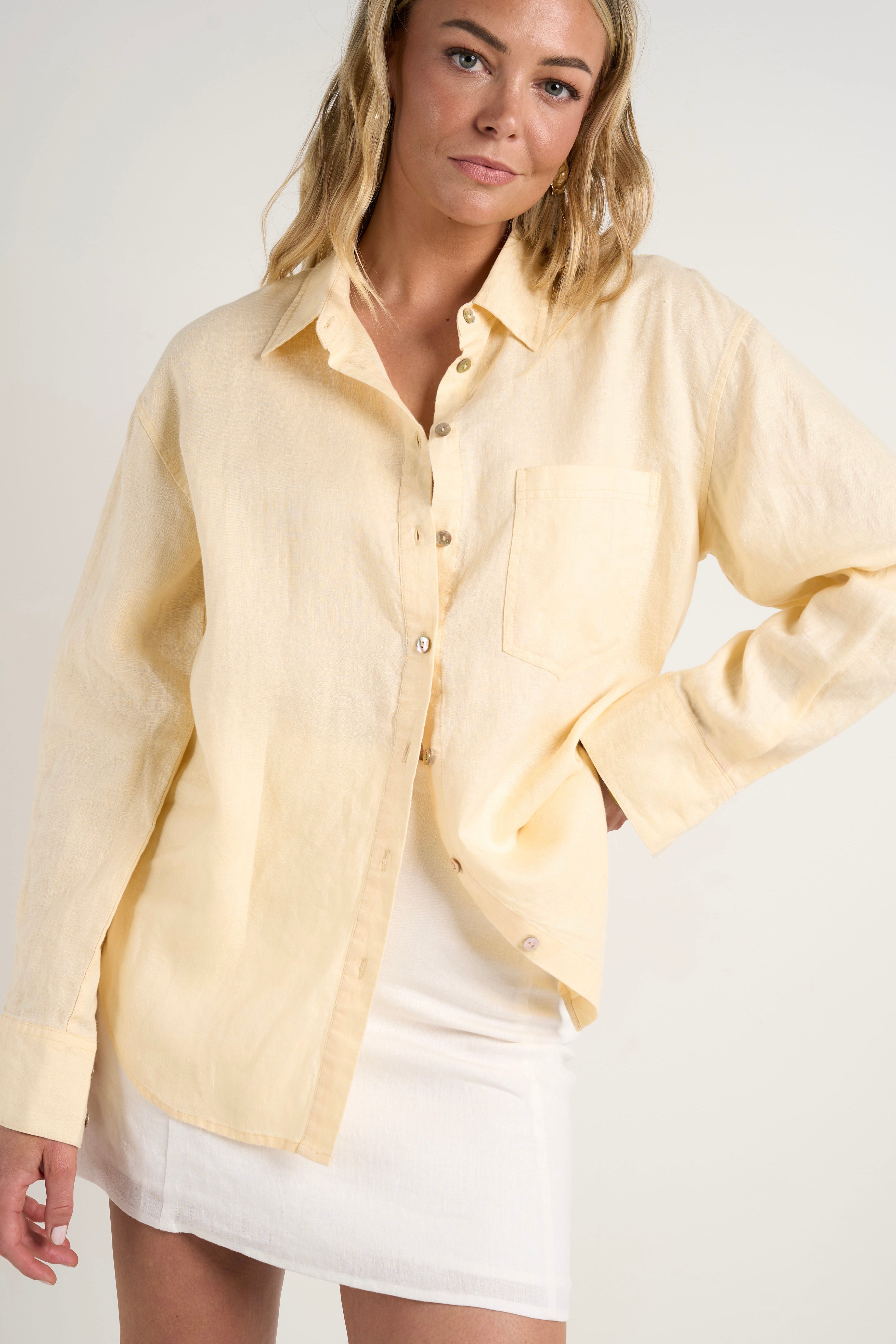 Optimum Lemon Linen Oversized Shirt for Women - Breathable Summer Loose Fit Button Down Top for Casual Wear, Beach Cover-Up & Boho Outfits