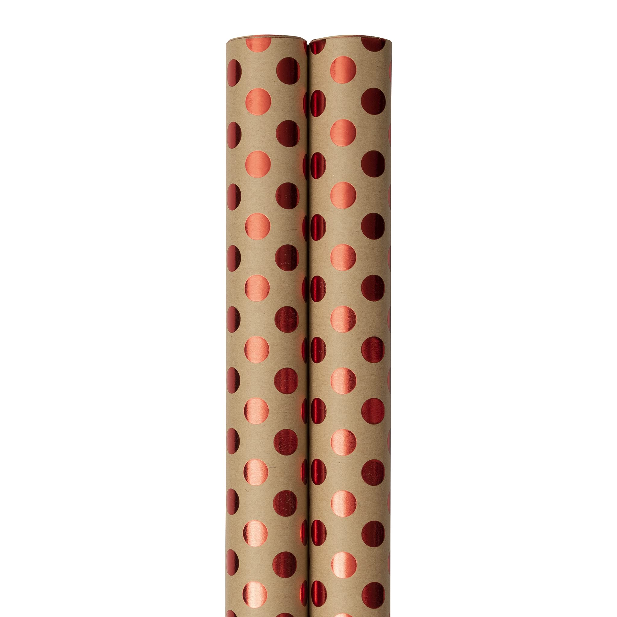 JAM Paper Kraft Gift Wrap - 50 Sq Ft Red Foil Polka Dots on Brown Wrapping Paper (2 Rolls) for Christmas, Birthday & Party Presents