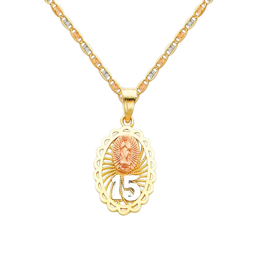 14K Tri-Color Gold 15 Años Pendant with 1.5mm Diamond Cut Chain Necklace - Elegant Jewelry Gift for Women, Perfect for Anniversaries, Birthdays & Special Occasions