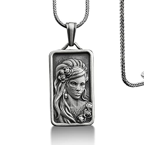 925 Sterling Silver Dia De Los Muertos Necklace - Santa Muerte Pendant Jewelry for Women, Day of the Dead Memorial Gift - Perfect for Halloween, Mexican Culture Celebrations & Unique Fashion Accessories