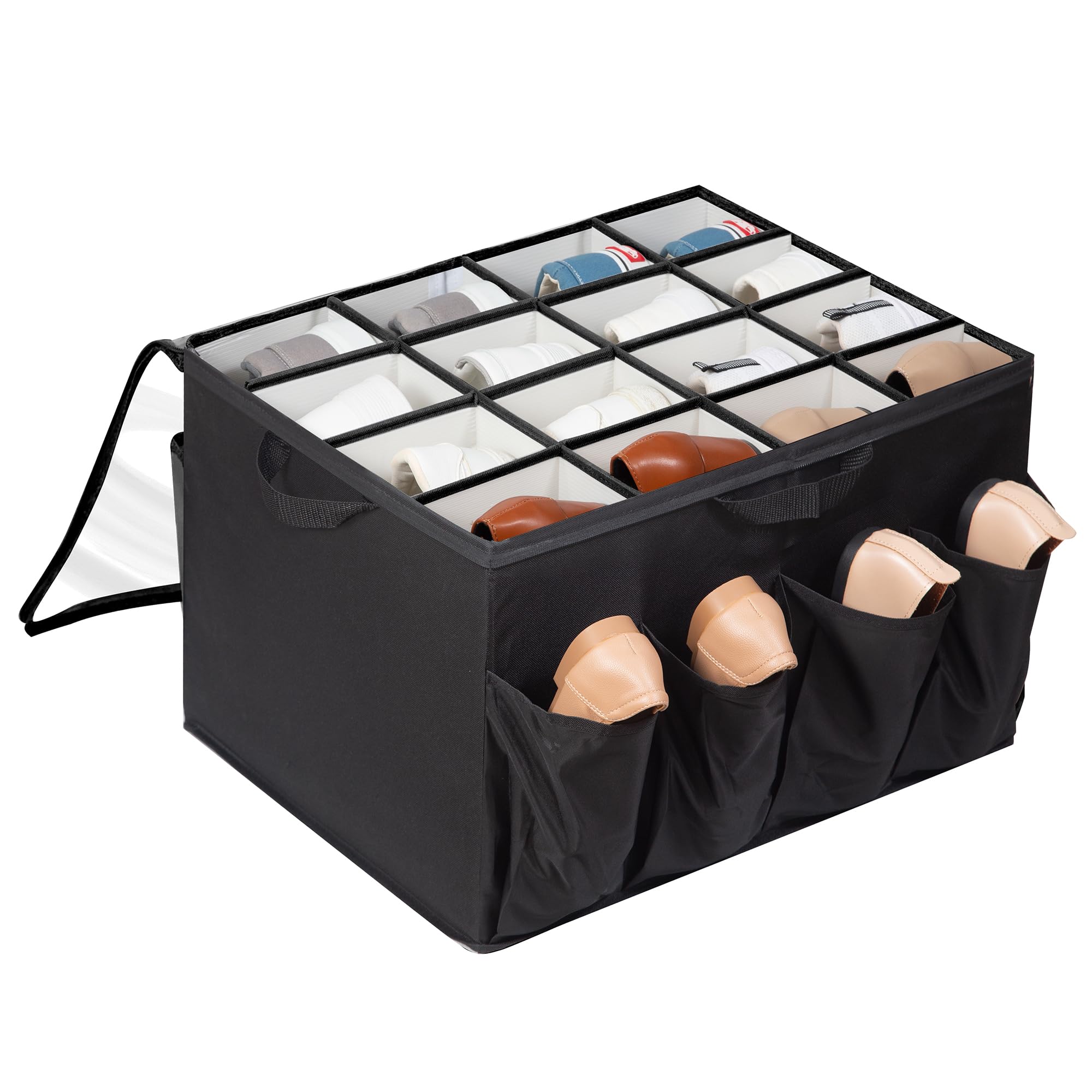 Clear View Fabric Shoe Organizer for Closet - Adjustable Shoe Storage Box with Dividers Holds 16-24 Pairs (Black, 1-Pack) - Perfect for Bedroom, Walk-in Closet & Entryway Organization