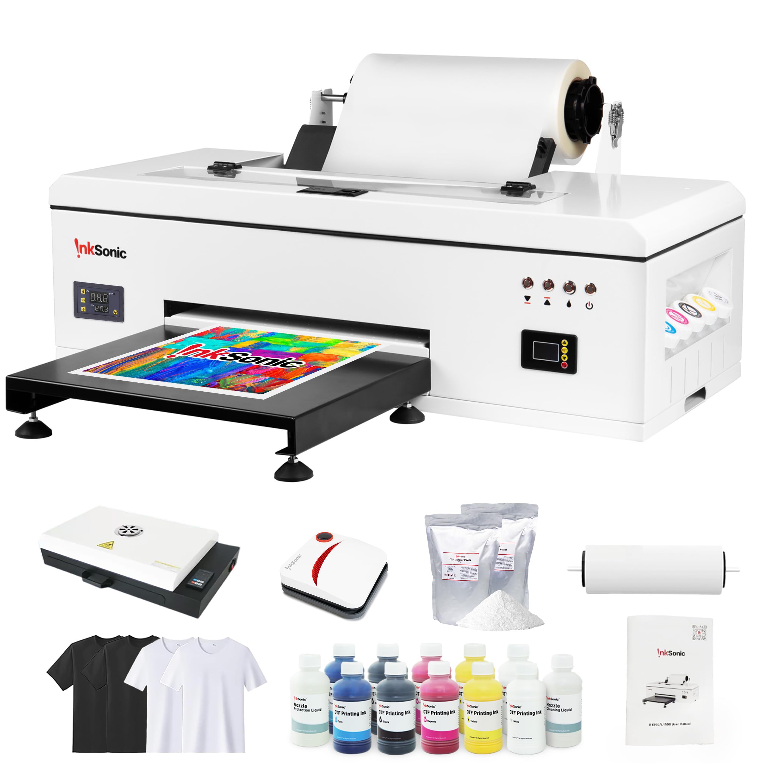 InkSonic L1800 A3 DTF Printer for T-Shirt Printing - White Ink System with Auto Cleaning | Direct to Film Transfer Machine with Built-in Oven & Heat Press (E13 Certified) - Perfect for Custom Apparel, DIY Projects & Small Business T-Shirt Production