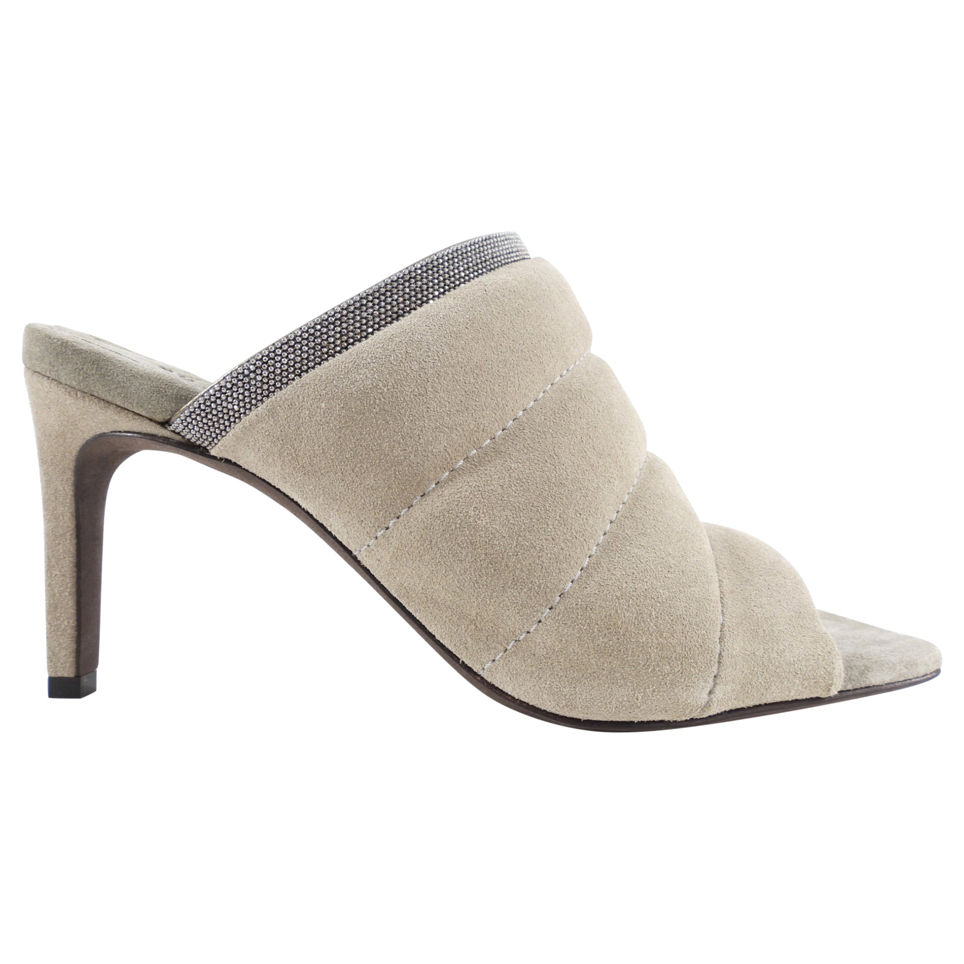 Brunello Cucinelli Grey Suede Padded Monili Mule Sandals - Women's Size 36.5/37 EU (5.5/6 US) - Comfortable Luxury Slide Sandals for Summer, Beach & Casual Outings