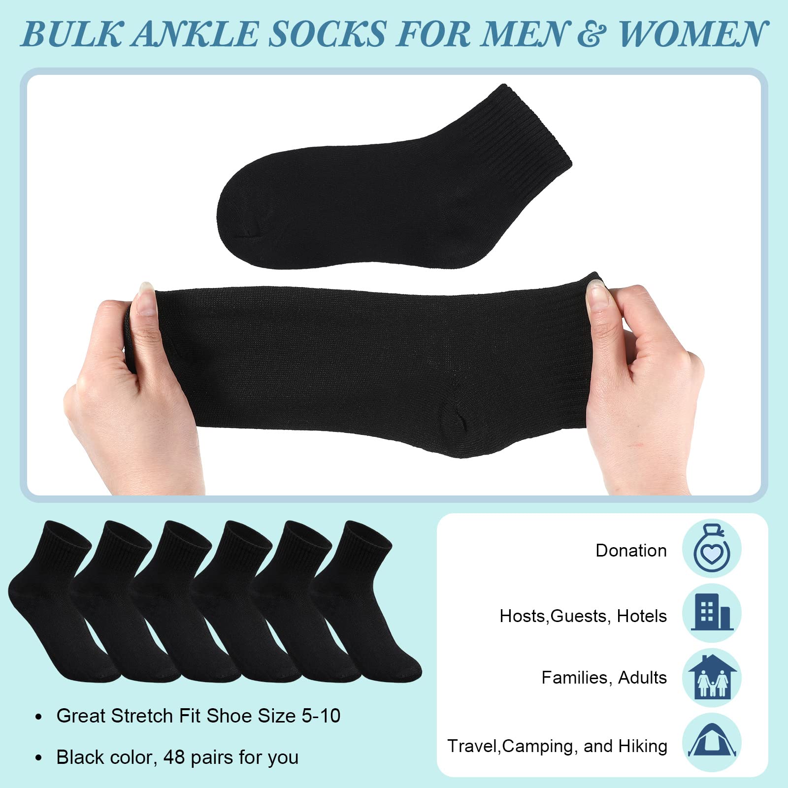 48 Pairs Men's Moisture-Wicking Quarter Ankle Socks - Breathable Athletic Crew Socks for Running, Gym & Casual Wear - Bulk Pack for Homeless Shelters & Donations