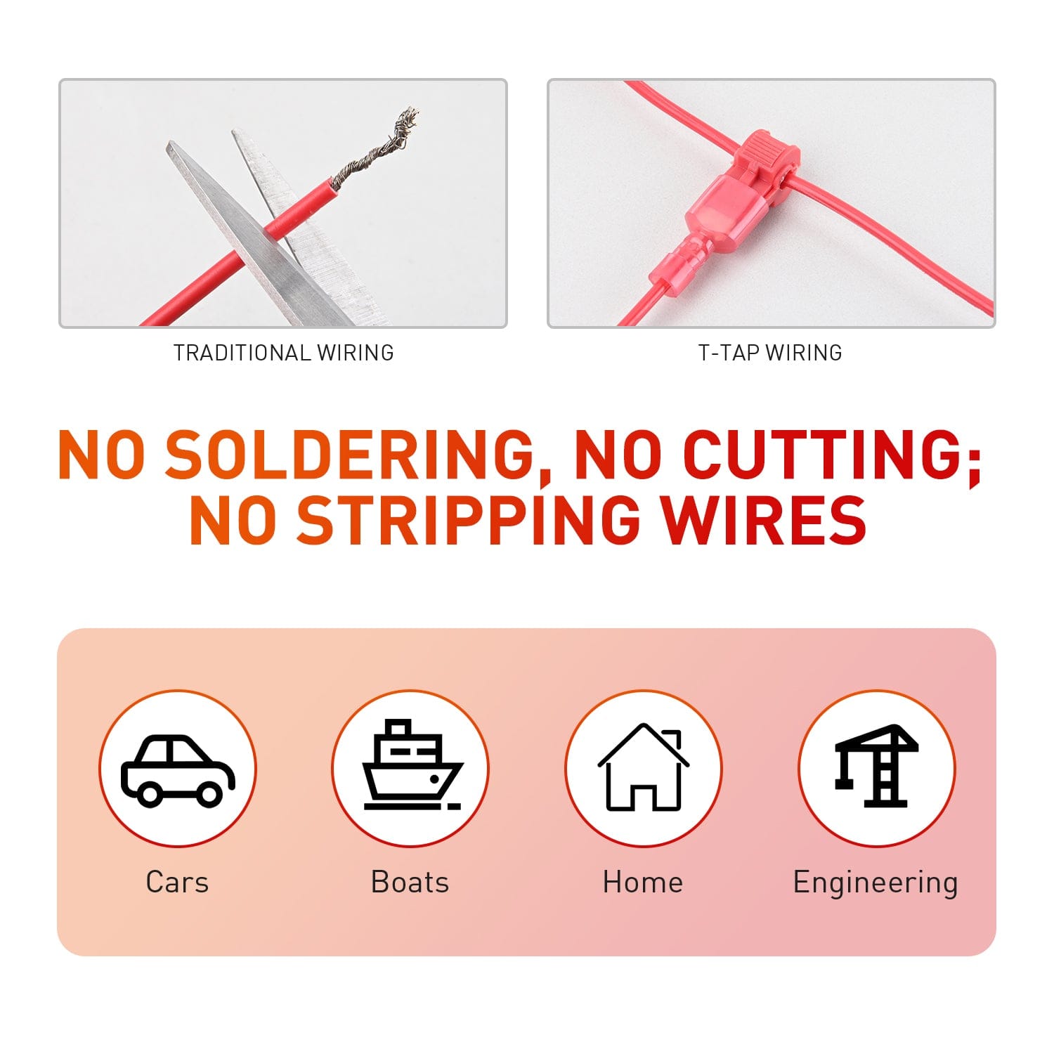 120PCS Quick Splice Disconnect Wire Terminals Kit - 60 Pairs T-Tap Spade Connectors for 22-16 AWG Wires (Red, Male & Female, Self-Stripping) - Ideal for Automotive, Home Wiring & DIY Electrical Projects