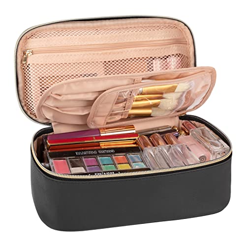 OCHEAL Small Cosmetic Bag for Women - Portable Travel Makeup Pouch with Brush Organizer, Cute Black Makeup Bag for Girls | Perfect for Travel, Gym, and Everyday Use