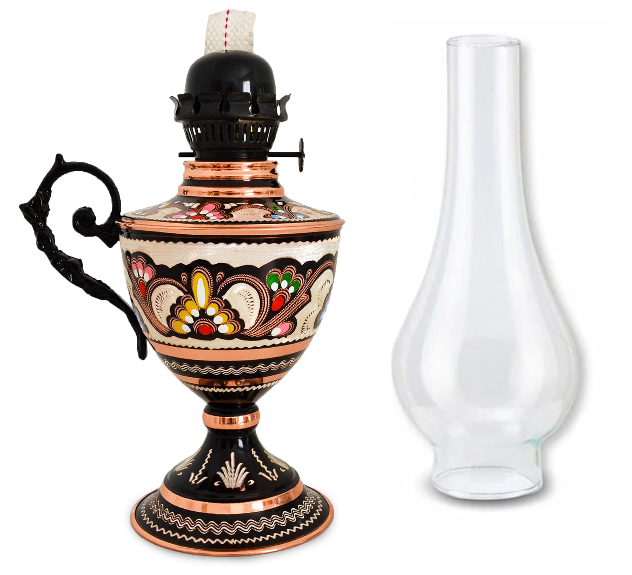 Handmade Decorative Copper Oil Lamp - Vintage Kerosene Lantern with Wick, Rustic Oriental Design (Patterned, Large) for Home Decor, Outdoor Camping & Emergency Lighting