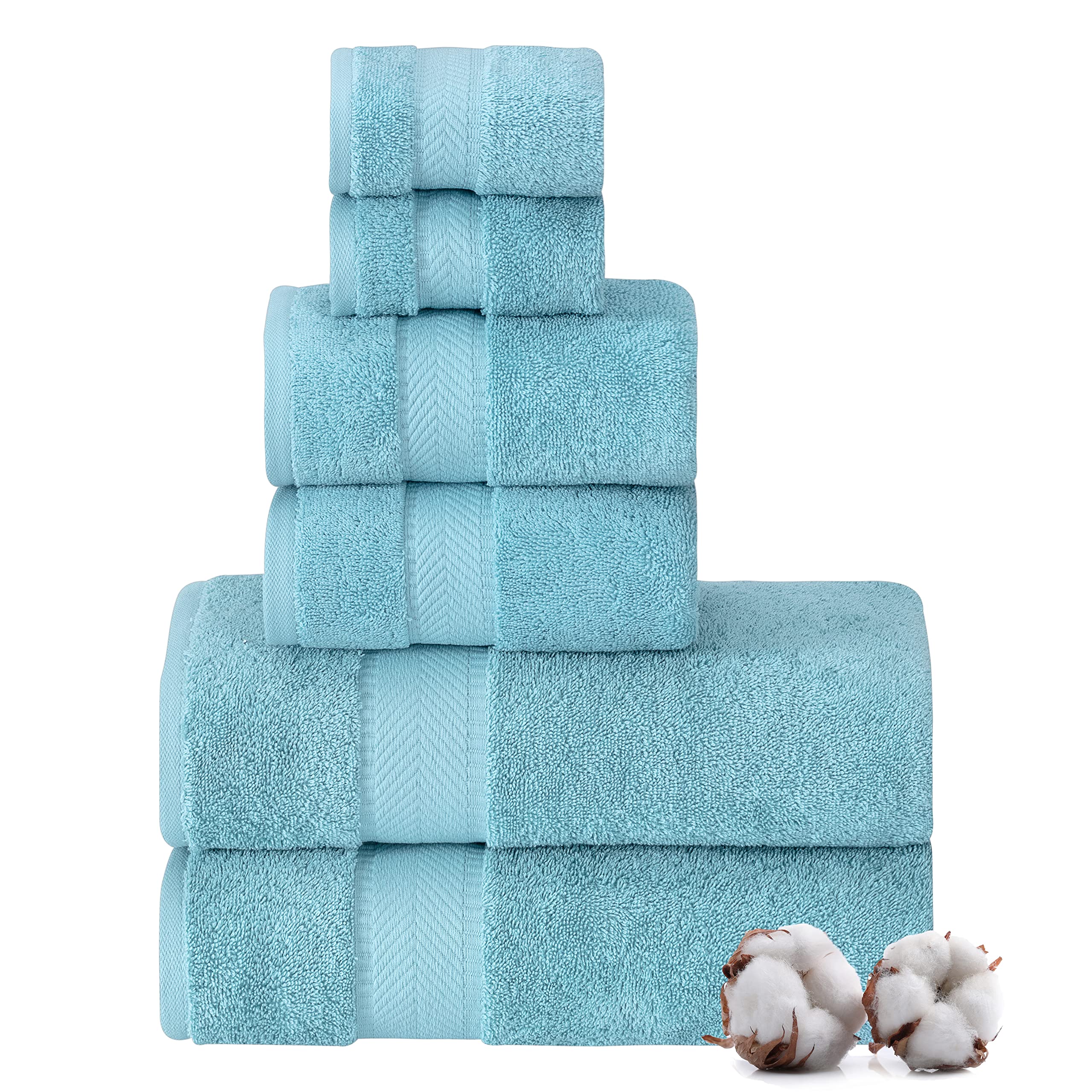 Premium 6-Piece Turkish Cotton Bath Towel Set - 100% Organic Cotton, Ultra Soft & Highly Absorbent (2 Bath Towels, 2 Hand Towels, 2 Washcloths) - Luxury Spa & Bathroom Essentials for Home, Hotel & Gifts - Aqua Blue
