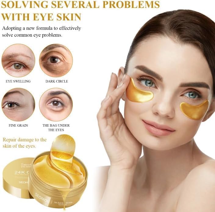 24K Gold Hydrogel Under Eye Patches for Dark Circles & Puffiness | 60 Pack Cooling Gel Eye Masks with Collagen | Reduce Wrinkles & Refresh Tired Eyes | Perfect for Night Routine, Travel & Spa Days
