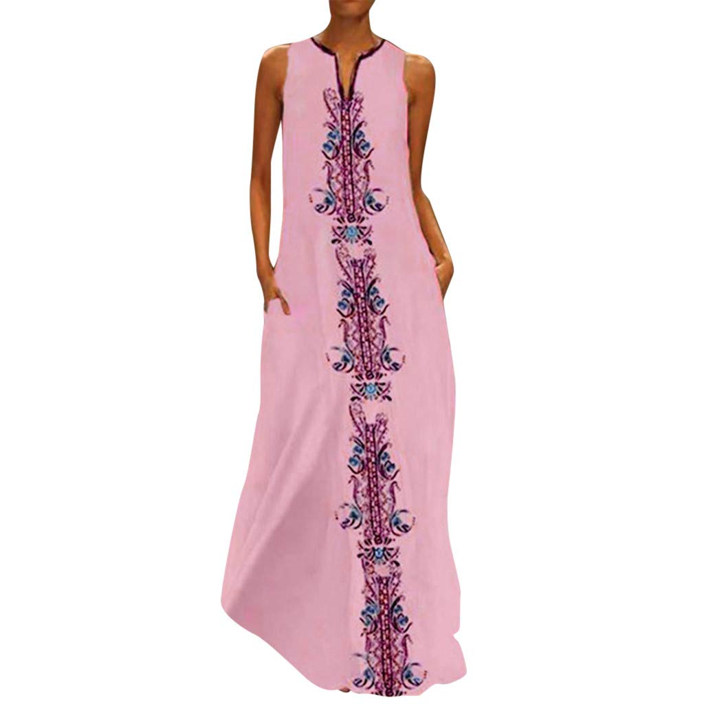 Women's Vintage Printed Maxi Dress - Casual V-Neck Sleeveless Summer Dress with Stripes | Perfect for Beach, Vacation & Everyday Wear