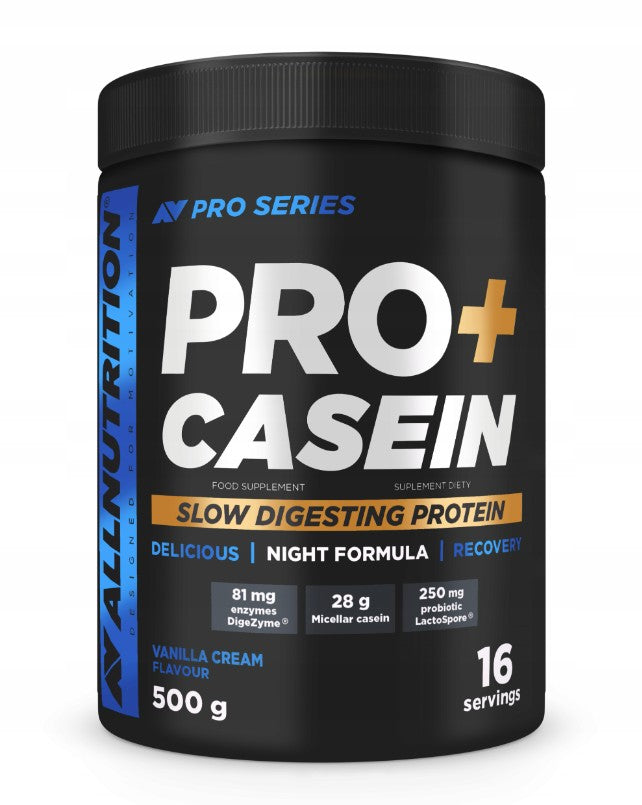 Allnutrition Pro+ Casein Protein Powder 500g - Slow Digesting Protein for Muscle Recovery, Nighttime Use & Post-Workout - Ideal for Athletes & Fitness Enthusiasts